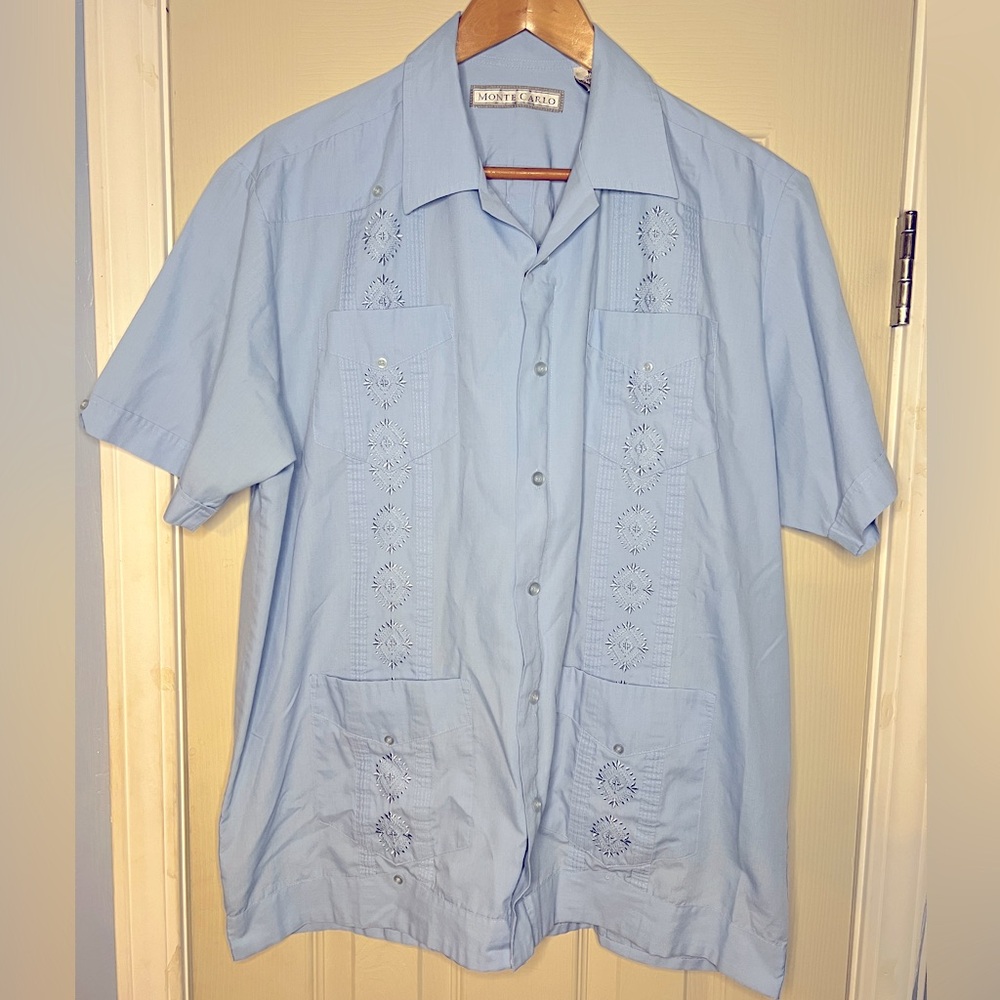 Monte Carlo Mens Short Sleeve Shirt M (38/40) Blue Faux Button Down Zippered